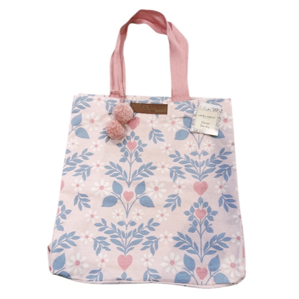Floral Pink Canvas Tote Bag with Pom Pom Accent
